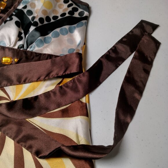Vintage Y2K Antilia Femme Shirt Medium Sleeveless Yellow Brown Satin Bling Ties - Picture 8 of 16